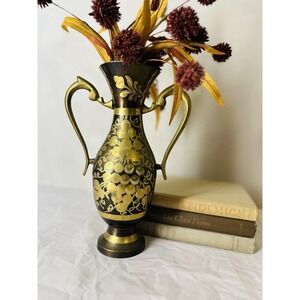 Vtg Indian Handmade Black Brass Double Handled Vase 9.5" Etched Metal Decor